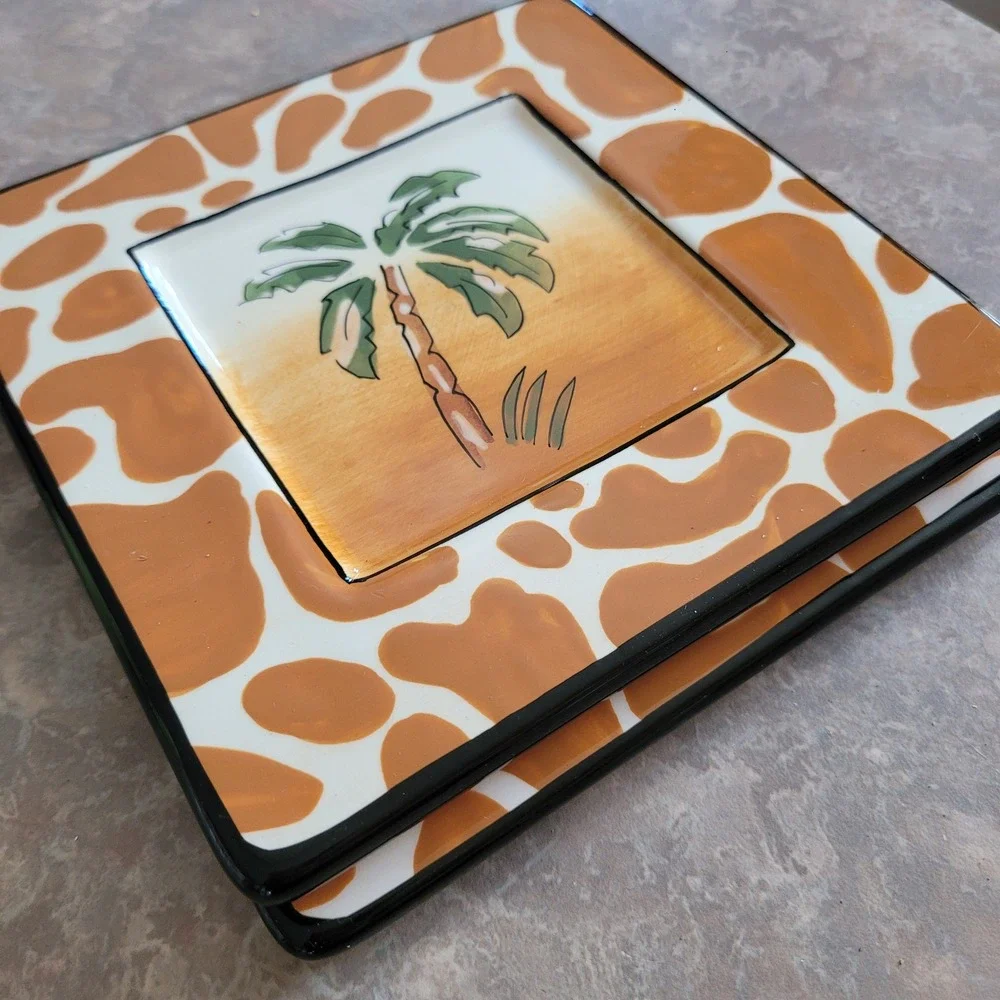 NEW Inspirado Appetizer Plate Palm Tree Giraffe Print Stonelite Set Animal Print